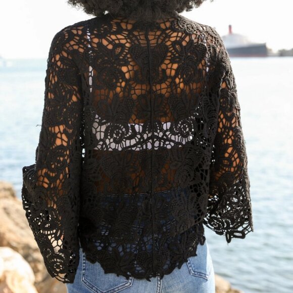 Crochet Floral Petal Kimono Wrap Boho Cotton Shawl 1 Size Black Mocha Rust Mint - Picture 2 of 9